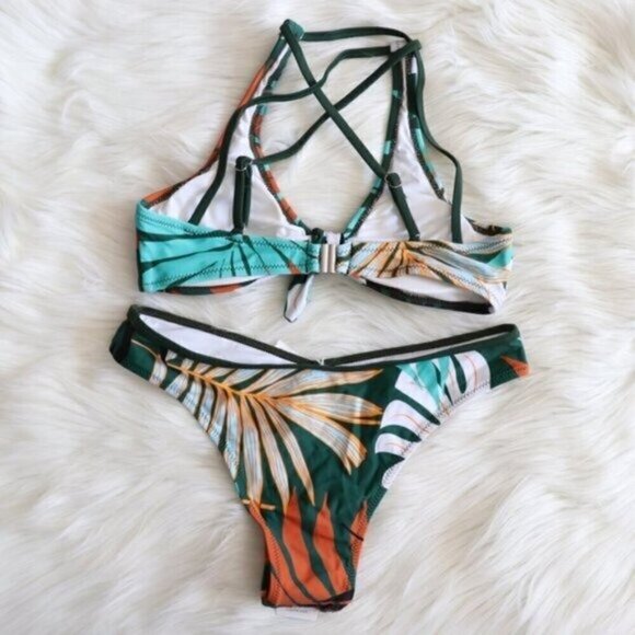 NEW Green Leafy Tropical Print High Leg Cut Bikini Swim Set Size Large - Picture 6 of 9